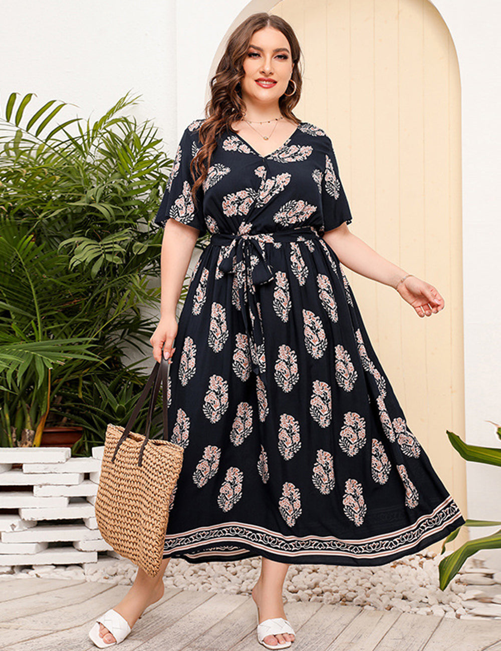 Women Plus Size Vacation Flower Short Sleeve Loose Neck Dress –